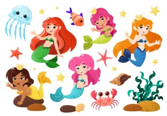 Cercles muraux Vie marine Bundle with kawaii mermaids, marine animals and plants. Isolated illustrations on white background with magical creatures for a childish print. Vector clip art. Underwater set of princesses. Sea life.