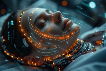 Fototapeta na wymiar A woman's face is projected onto a bed, with glowing lights surrounding her, medical treatment using CRISPR-Cas9