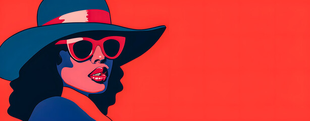 Minimalist drawing in red and blue colors of an elegant woman wearing a hat and sunglasses
