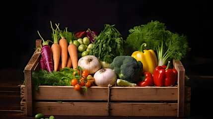 Fresh vegetables and vibrant cooking ingredients on dark background. Healthy life. Still life concept.	