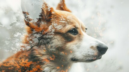 A close-up photo of a corgi dog against a background of forest and nature. Portrait of a dog, a double exposure photograph