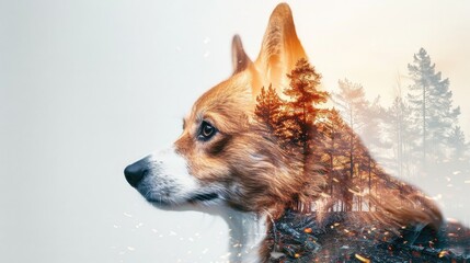 A close-up photo of a corgi dog against a background of forest and nature. Portrait of a dog, a double exposure photograph