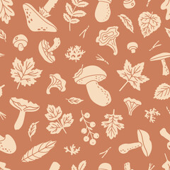 Mushrooms and leaves seamless patter. Vector background for fall decor, wallpaper and wrapping paper