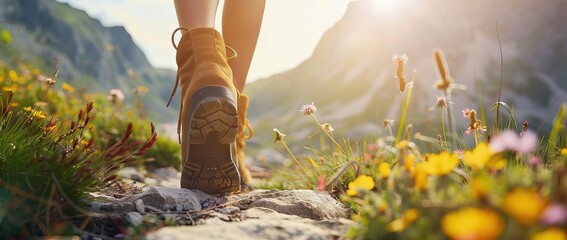 Close up of a female hiker's feet in boots walking on a mountain path with flowers. AI generated illustration - obrazy, fototapety, plakaty