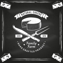 Natural cheese badge design on the chalkboard. Template for logo, branding design with block cheese and fork, knife for cheese. Vector illustration. - 765923952