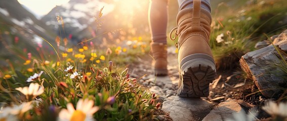 Close up of a female hiker's feet in boots walking on a mountain path with flowers. AI generated illustration