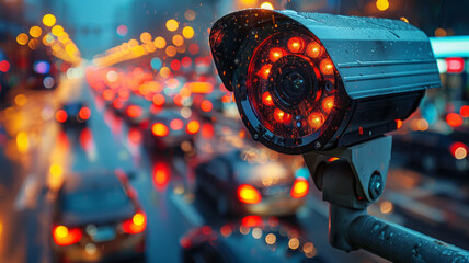 Speed camera monitoring busy traffic road. The cameras speed control on the road .generative ai
