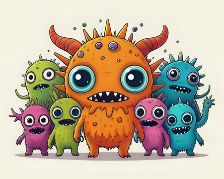a bunch of different colored monsters with big eyes
