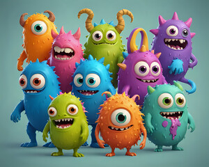 a bunch of different colored monsters with big eyes, monsters set.