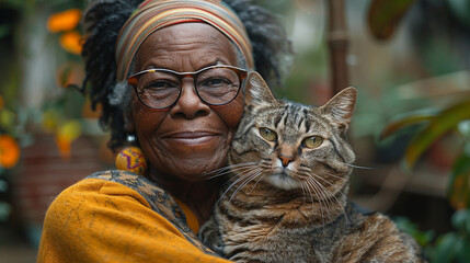 Happy smiling senior elderly black African woman in glasses relaxing in summer garden outdoors hugging domestic tabby cat. Retired old people and animals pets concept