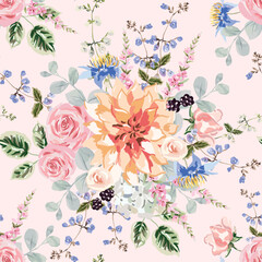 Dahlia, rose, blue flowers, leaves, blackberries, pink background. Floral illustration. Vector seamless pattern. Botanical design. Nature garden plants. Summer bouquets