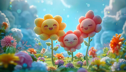 Fototapeta na wymiar Cheerful plush toy flowers in vibrant, dreamy 3D scenery,generative ai