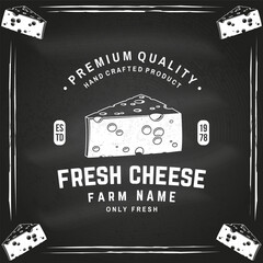 Fresh cheese badge design on the chalkboard. Template for logo, branding design with triangle block cheese. Vector illustration. - 765924902