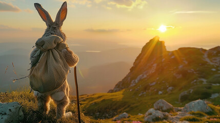 Coelhinho da Páscoa com uma bengala velha numa montanha olhando o pôr do sol - obrazy, fototapety, plakaty