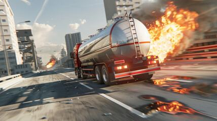 Naklejka premium Fire of a tanker truck with toxic materials on the highway. Fire and environmental disaster.generative ai