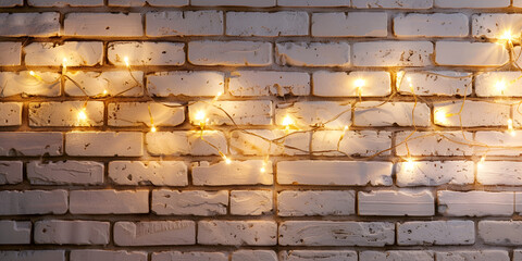Glowing garland on masonry wall. Glowing garland on a brick wall. Festive background picture.