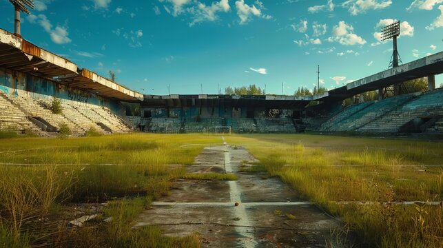 Abandoned weathered soccer stadium with overgrown grass on field, haunting post-apocalyptic scene
