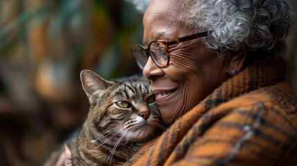 Happy smiling senior elderly black African woman in glasses relaxing in summer garden outdoors hugging domestic tabby cat. Retired old people and animals pets concept