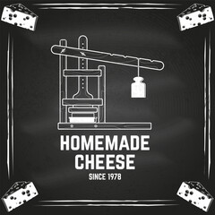 Homemade cheese badge design on the chalkboard. Template for logo, branding design with cheese molds and press. Vector illustration. Hand crafted product cheese - 765925301