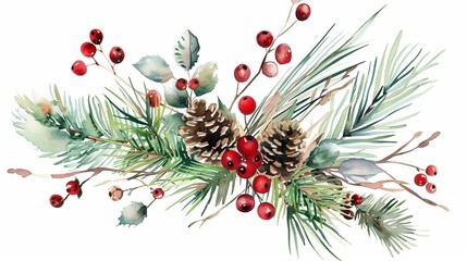 Cozy watercolor winter arrangement with pine branches, red berries and holiday greenery, christmas bouquet - obrazy, fototapety, plakaty