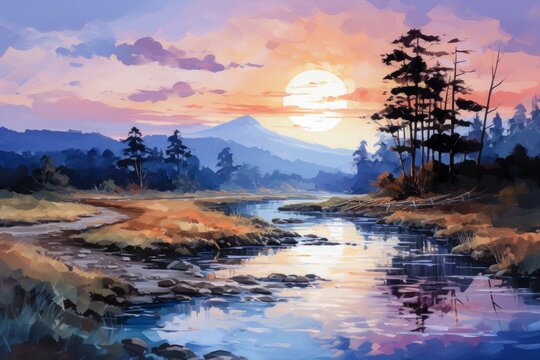 A Painting of a Sunset Over a River. Generative AI.