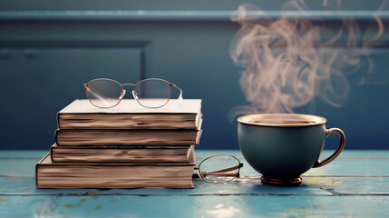 Pile of Textbooks with Glasses and Coffee Cup for Studying - obrazy, fototapety, plakaty