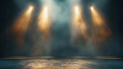 Dramatic moody stage spotlights shining in dark, empty theater background, abstract light effect - obrazy, fototapety, plakaty