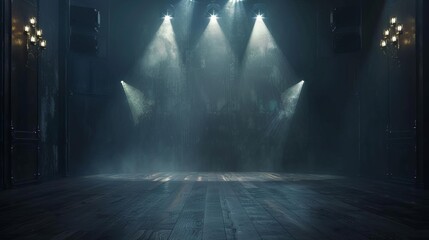 Dramatic Spotlights Illuminating Empty Stage with Dark Background, Theatrical 3D Rendering - obrazy, fototapety, plakaty