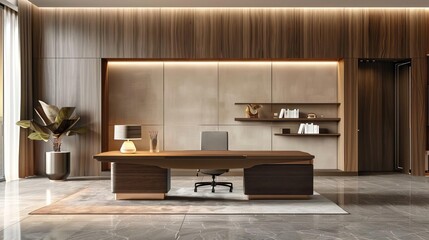 Elegant modern office interior with sleek furniture, warm lighting and minimalist decor
