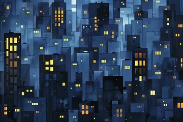 Stylized illustration of a city at night with glowing windows, ideal for urban life and technology themes