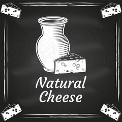 Fresh cheese badge design on the chalkboard. Template for logo, branding design with triangle block cheese and jug of milk . Vector illustration. - 765926356