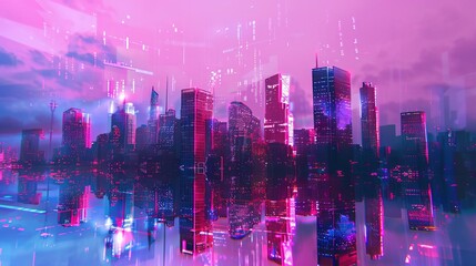 Futuristic city skyline with holographic elements and glitch effect, cyberpunk digital art