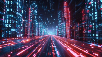 Fototapeta na wymiar Highway leading through digital binary towers in vibrant cyber city, big data concept, 3D illustration