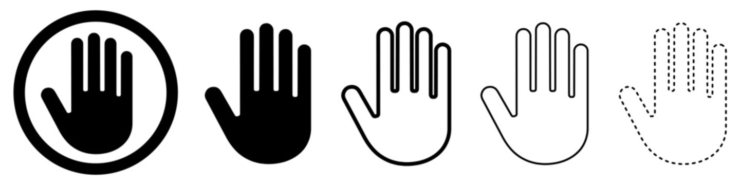 Stop hand icon. Set of hand icons. Black silhouette of hand in flat style, isolated on a white