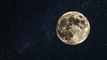 Panoramic shot of majestic full moon glowing in dark starry night sky, astronomy background