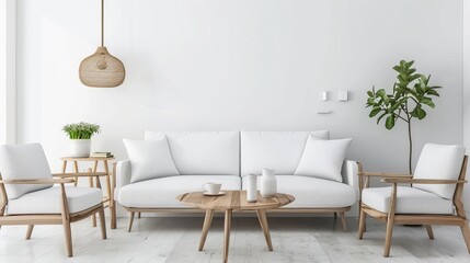 Realistic 3d rendering of elegant modern white and wood apartment interior, scandinavian design