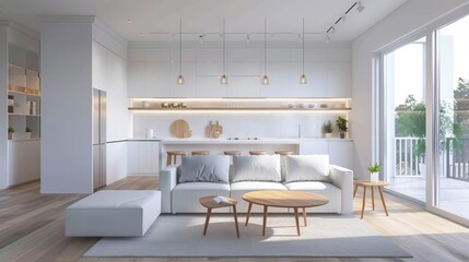 Naklejka na ściany i meble Realistic 3d rendering of elegant modern white and wood apartment interior, scandinavian design
