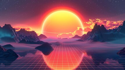 Retro 80s style neon grid landscape with sun and mountains, synthwave illustration