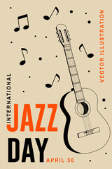 Jazz Day. Poster background template for music festival. Classical wooden guitar event flyer design. April 30. International Jazz Day Celebration. Vector illustration. - 765927336