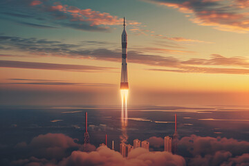Startup, realistic, high definition photograph, Rocket, morning sky