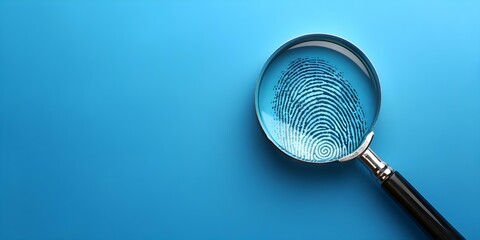 Biometric Identity Search: Closeup of a Magnifying Glass Over a Fingerprint on a Blue Background. Concept Biometric Identification, Forensic Investigation, Criminal Justice, Personal Data Protection - obrazy, fototapety, plakaty