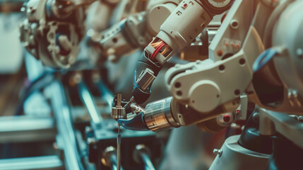 Precision in motion: A robot's hand at work. Ideal for engineering banners.