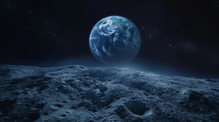 Spectacular view of Earth rising over lunar horizon, glowing blue planet in dark starry space - obrazy, fototapety, plakaty