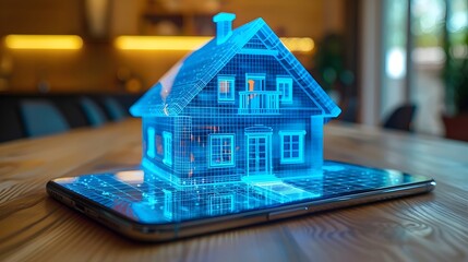 Close-up of a smart cell phone projecting from its screen a hologram of a blue house, in a modern living room of a house. Conceptual image of a domotized house