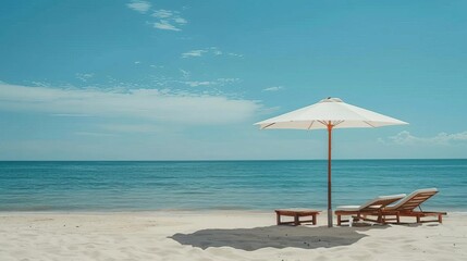 Tropical beach scene with chaise lounge and umbrella on pristine sand, summer vacation concept