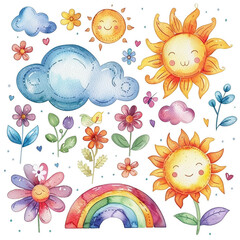 Set of cartoon stickers with sun, rainbow, moon, clouds, plants, sunflower and flowers. Children drawn watercolor illustration.