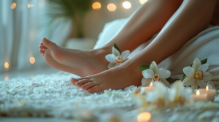 Woman body care. Close up of long female tanned legs with perfect smooth soft skin, pedicure,...