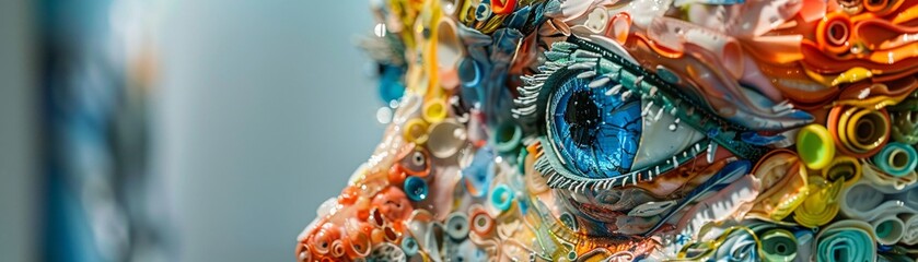 An eco-art gallery exhibit showcasing ocean-themed sculptures made from plastic waste Scene - obrazy, fototapety, plakaty