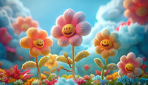Cheerful plush toy flowers in vibrant, dreamy 3D scenery,generative ai