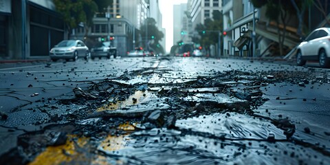 City street with earthquake damage to asphalt road causing traffic issues and safety concerns. Concept Earthquake Damages, Traffic Issues, Safety Concerns, Urban Infrastructure, City Streets